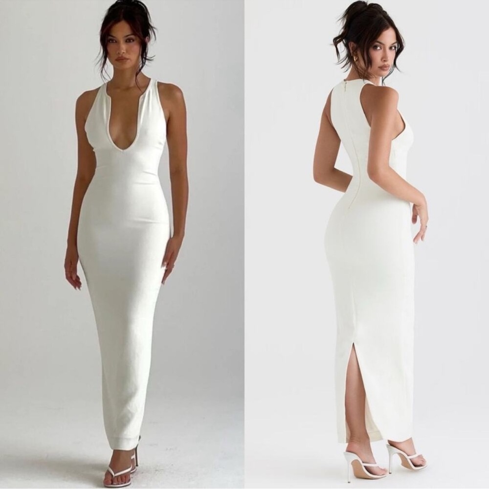 NWOT HOUSE OF CB Eleanora Ivory Plunge Maxi Dress sz S